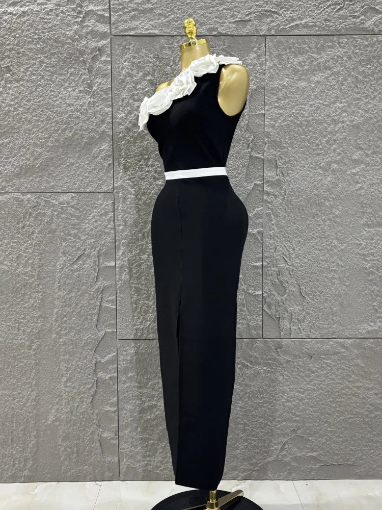 Women Sexy One Shoulder White Florals Bodycon Long Bandage Dress Celebrate Nightclub Party Fashion Outfit