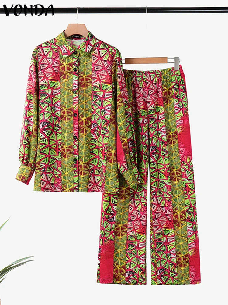 Plus Size 2024 VONDA Women Elegant Outfits 2024 Autumn Pant Sets Stylish Long Sleeve Casual Printed Top Trousers Two Piece Suits