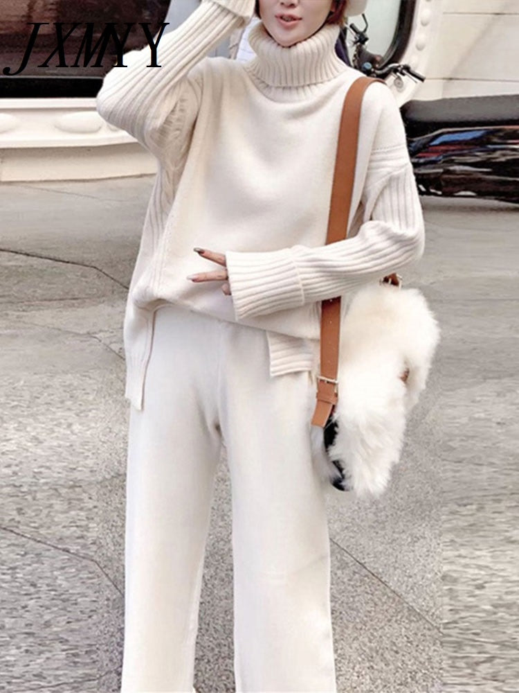 Sweater Set Women Tracksuit Spring Autumn Knitted Suits 2 Piece Set Warm Turtleneck Sweater Pullovers Wide Legs Pants