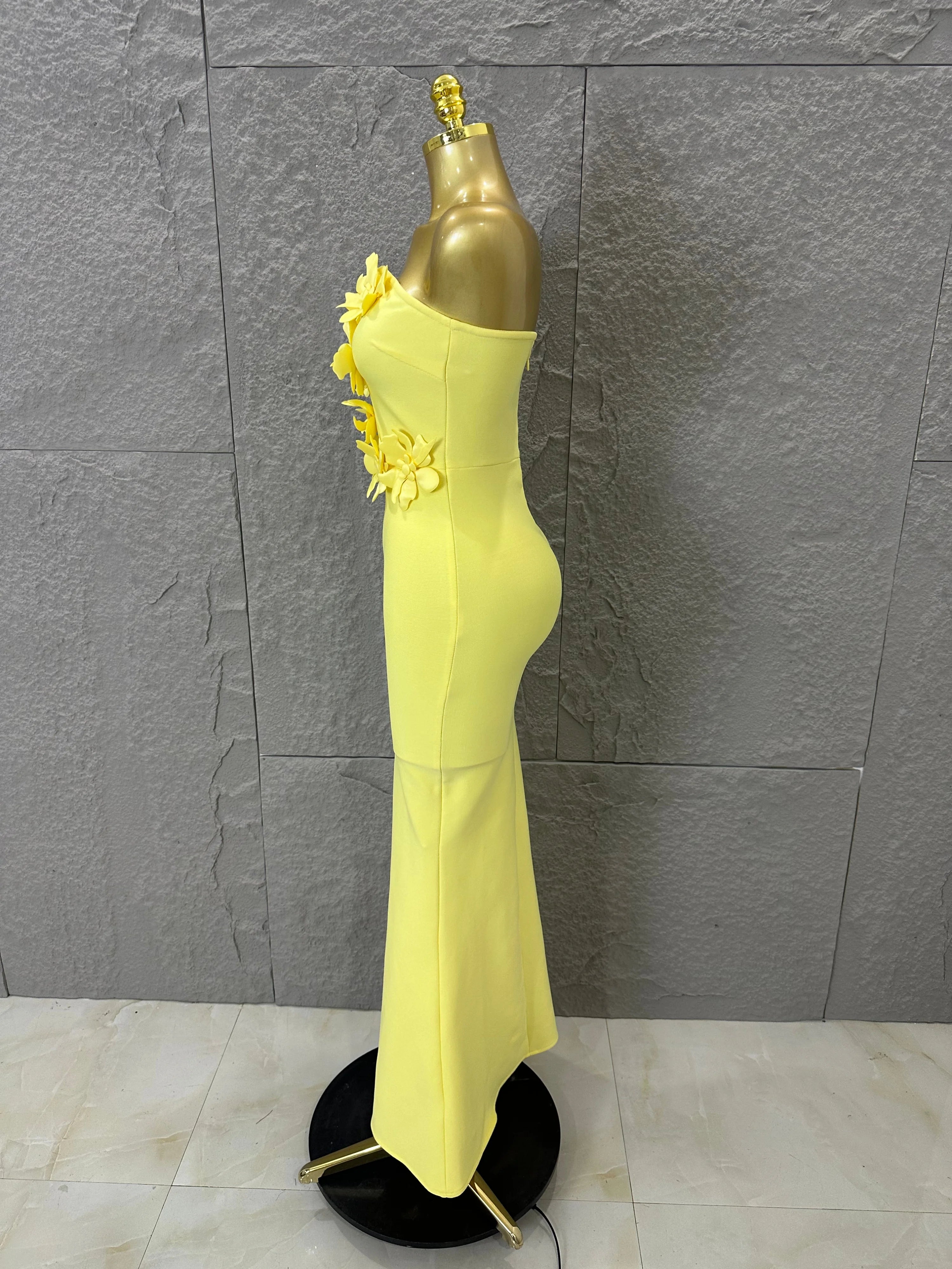Elegant Yellow Strapless Sweetheart Neck Mermaid Dress 3D Flower Fitted Flare Hem Evening Birthday Gala Banquet Party Outfit