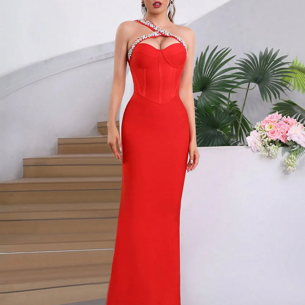 2024 Sexy Women's Wear Beaded Water Diamond Bandage Dress One Shoulder Sleeveless Bodycon Off the Back Long Dress Party Vestido