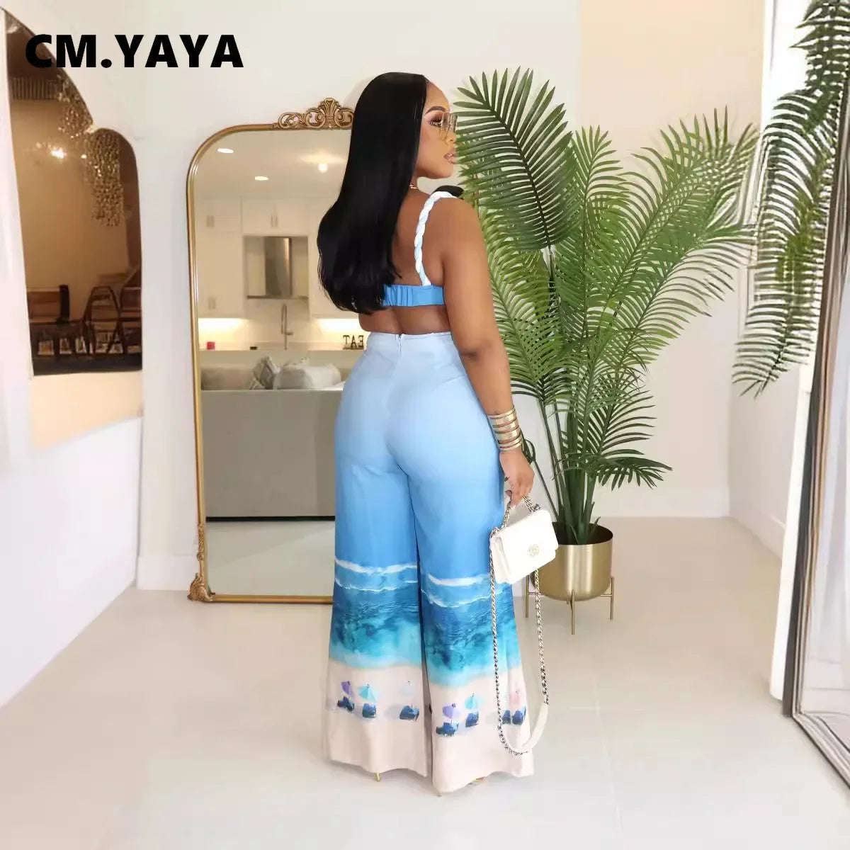 Summer Women's Set Beach Print Sleeveless Strapless Tops +Wide Leg Pants Suits Street Two 2 Piece Sets Bohemian Outfits