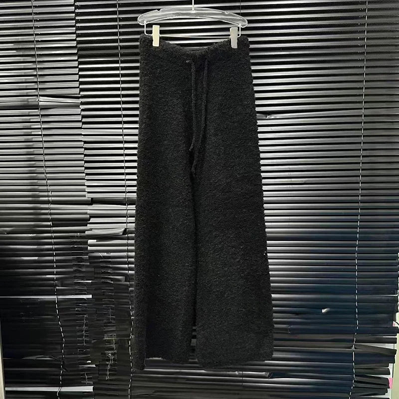 Autumn Winter New Niche Design Lazy Style Fashion Loose Soft Hooded Sweater For Women Elastic Waist Pants 11A07783 only Black Trousers