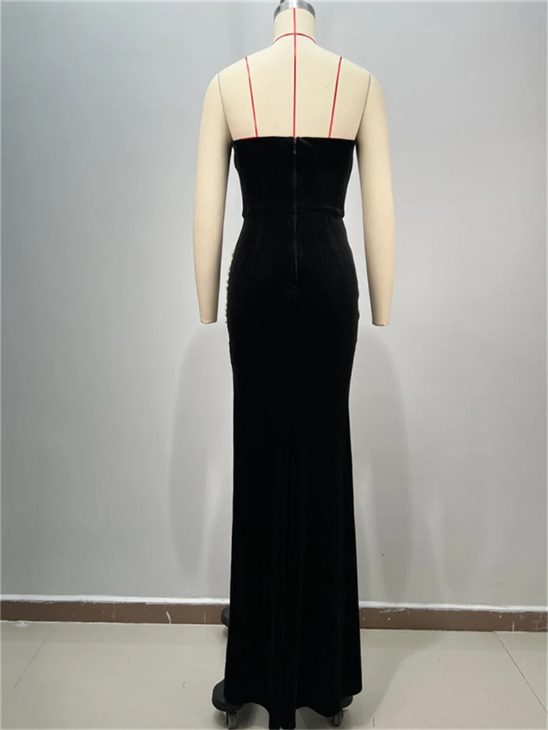 2025 Luxury Shining Diamonds Sexy High Slit Stapless black velvet Long Dress Elegant Woman Birthday Party Dress Goddess Vestido