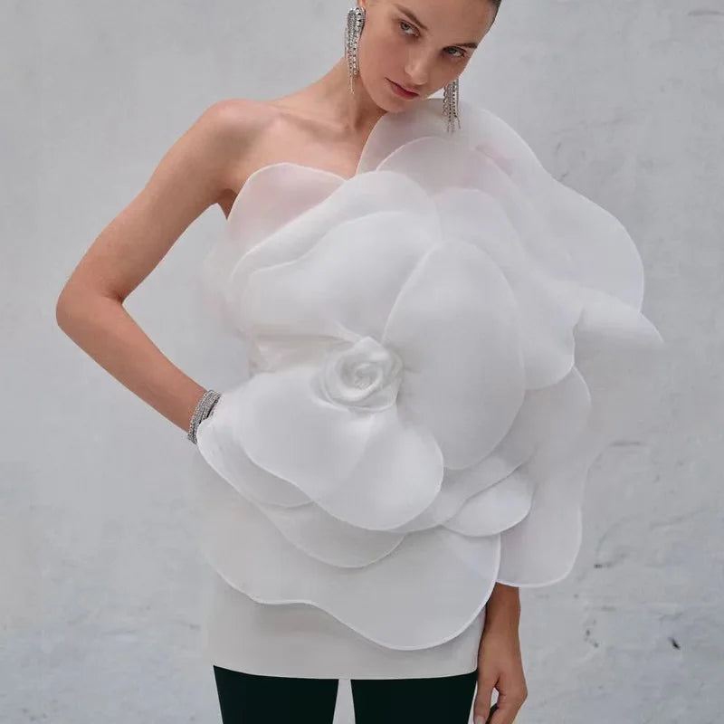 VC 2023 Summer Women'S Dress Sexy One Shoulder Sleeveless 3D Mesh Flower Patchwork Satin Mini White Wedding Dress