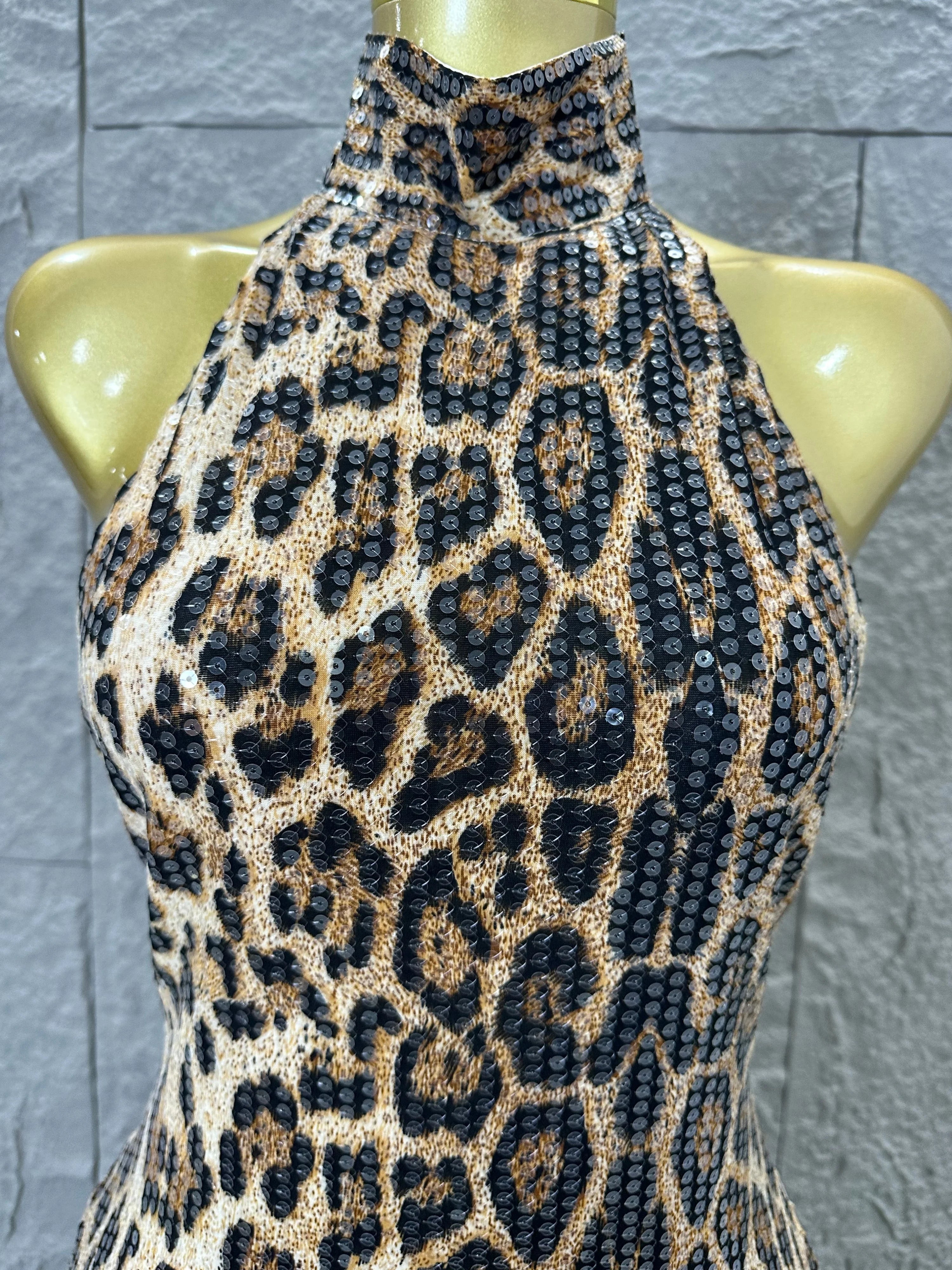 Refined Leopard Print Maxi Dress Women Sexy Halter Neck Sleeveless Sequin Embellished Bodycon Outfit Nightclub Party Costume