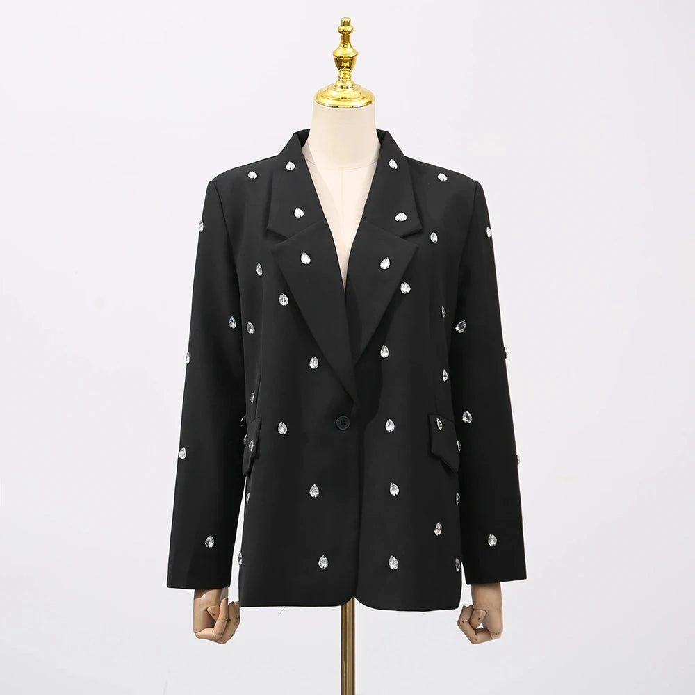 Solid Loose Spliced Bead Elegant Jackets for Women Lapel Long Sleeves Patchwork Button Jacket Female Clothing New WHITE