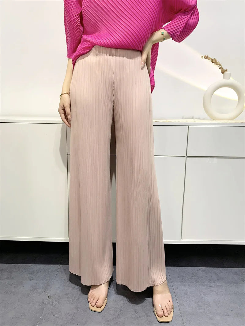 Summer Pants Women Hitching Piece Comfortable Casual New Loose Straight Pants Wide Leg High Waist Thin Pleated Pants Pink One Size