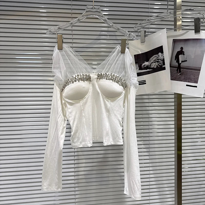 Winter New Fashion Mesh Patchwork Rhinestone Beaded Chest Pad T-Shirt For Women Slim Fit Short Tops Female 11A07772