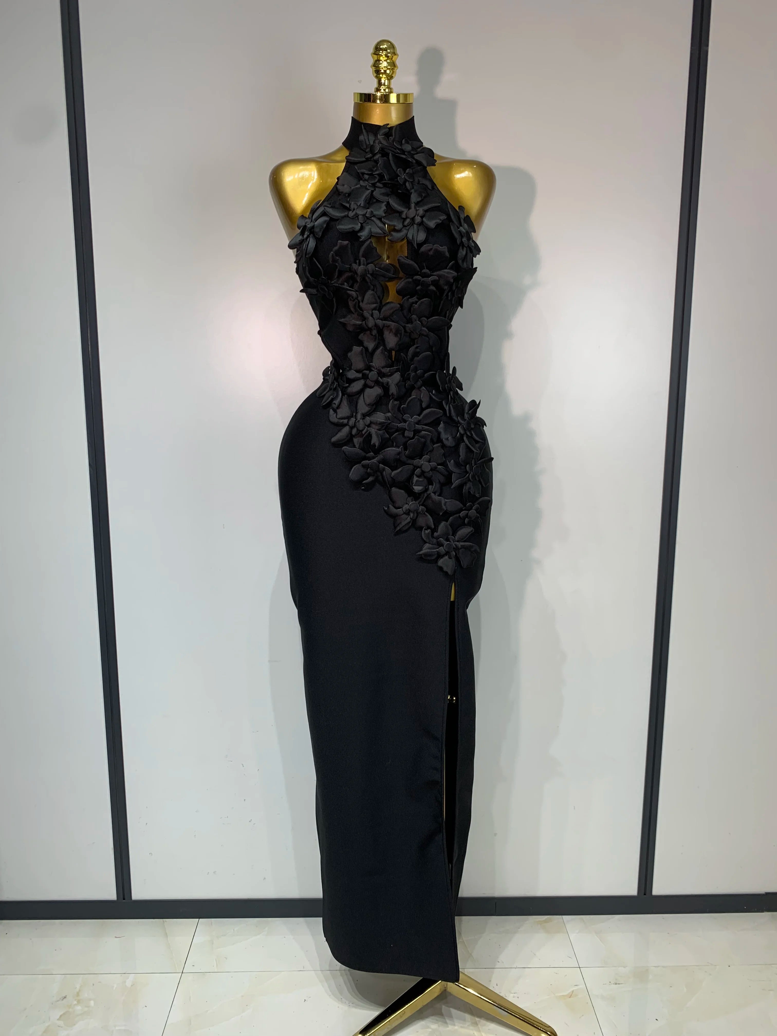 Women Sexy Sleeveless Flower Hollow Out Evening Party Bandage Dresses Red Knitted Bodycon Birthday Wedding Guest Clothing black