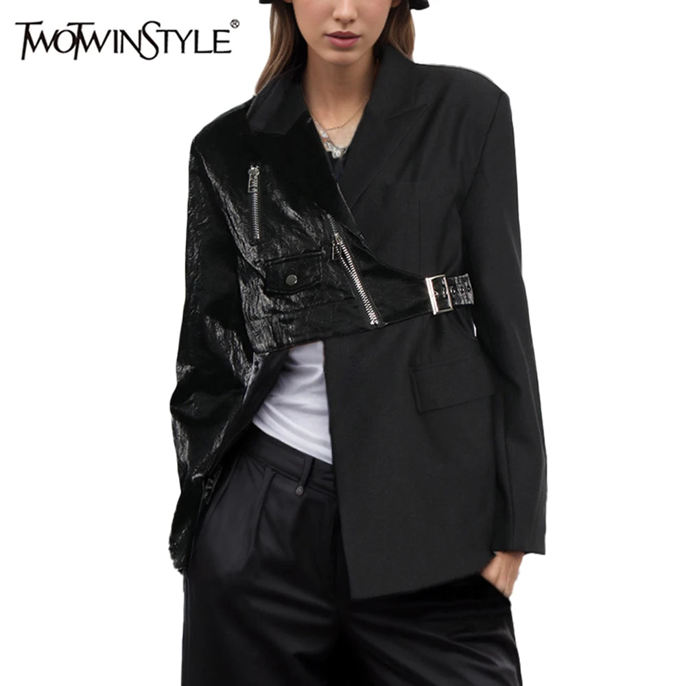 Solid Spliced Zipper Irregular Jackets for Women Lapel Long Sleeves Patchwork Pockets Fshion Jacket Female Clothing