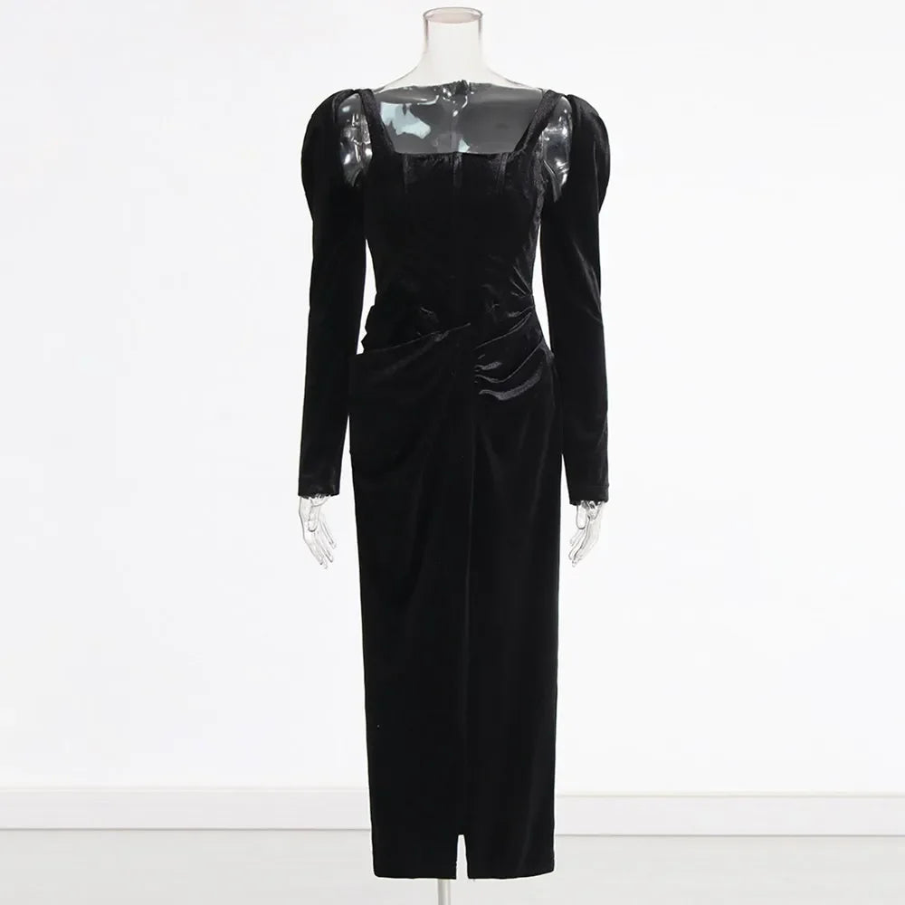 Solid Patchwork Folds Elegant Dresses For Women Square Collar Long Sleeve High Waist Split Slimming Dress Female BLACK