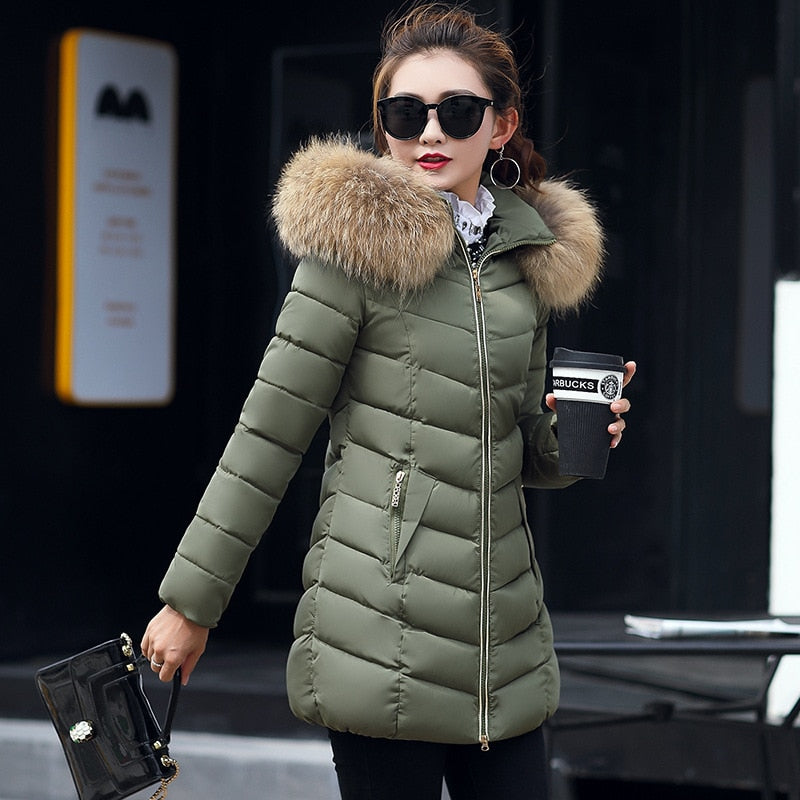Women's Down Jacket 2024 Winter Woman Korean Style Long Zipper Slim Coats Big Fur Collar Hooded Padded Parka Jacket Female 2020 Army Green