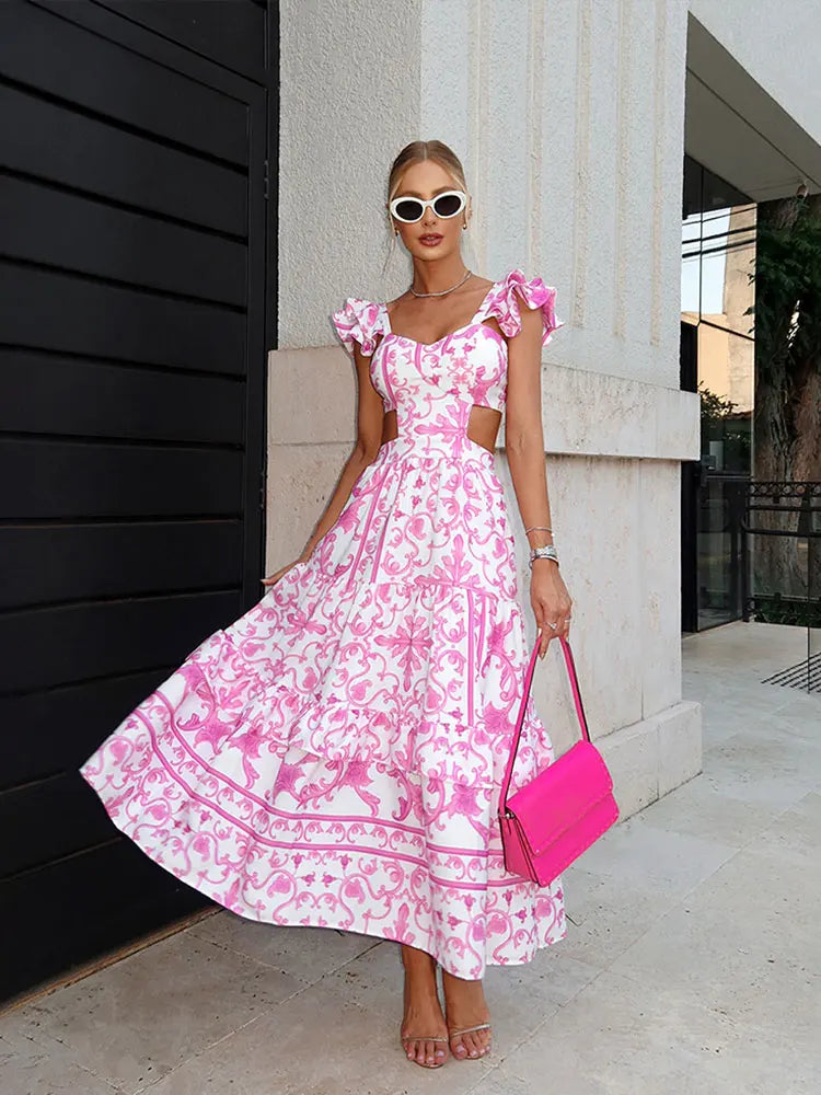 Shoulder Pads Print Hollow Out Maxi Dress Bohe Square Neck Flying Sleeve Backless Dresses Lady Chic Beach Holiday Robes