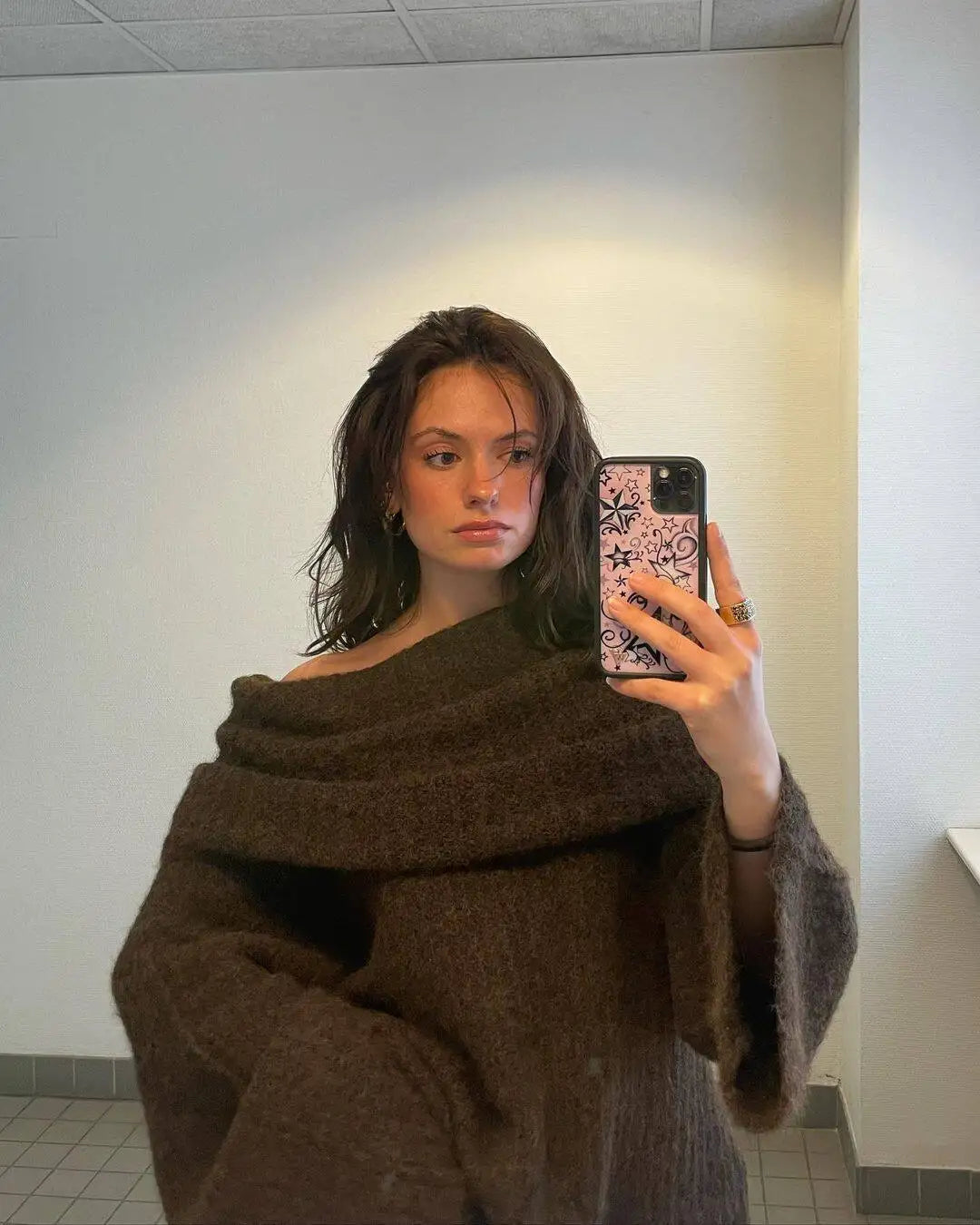 Thicken White Tassel Off Shoulder Sweater Women Elegant Slash Neck Long Sleeve Short Wool Pullover Winter Lady Knit Jumpers Dark Brown