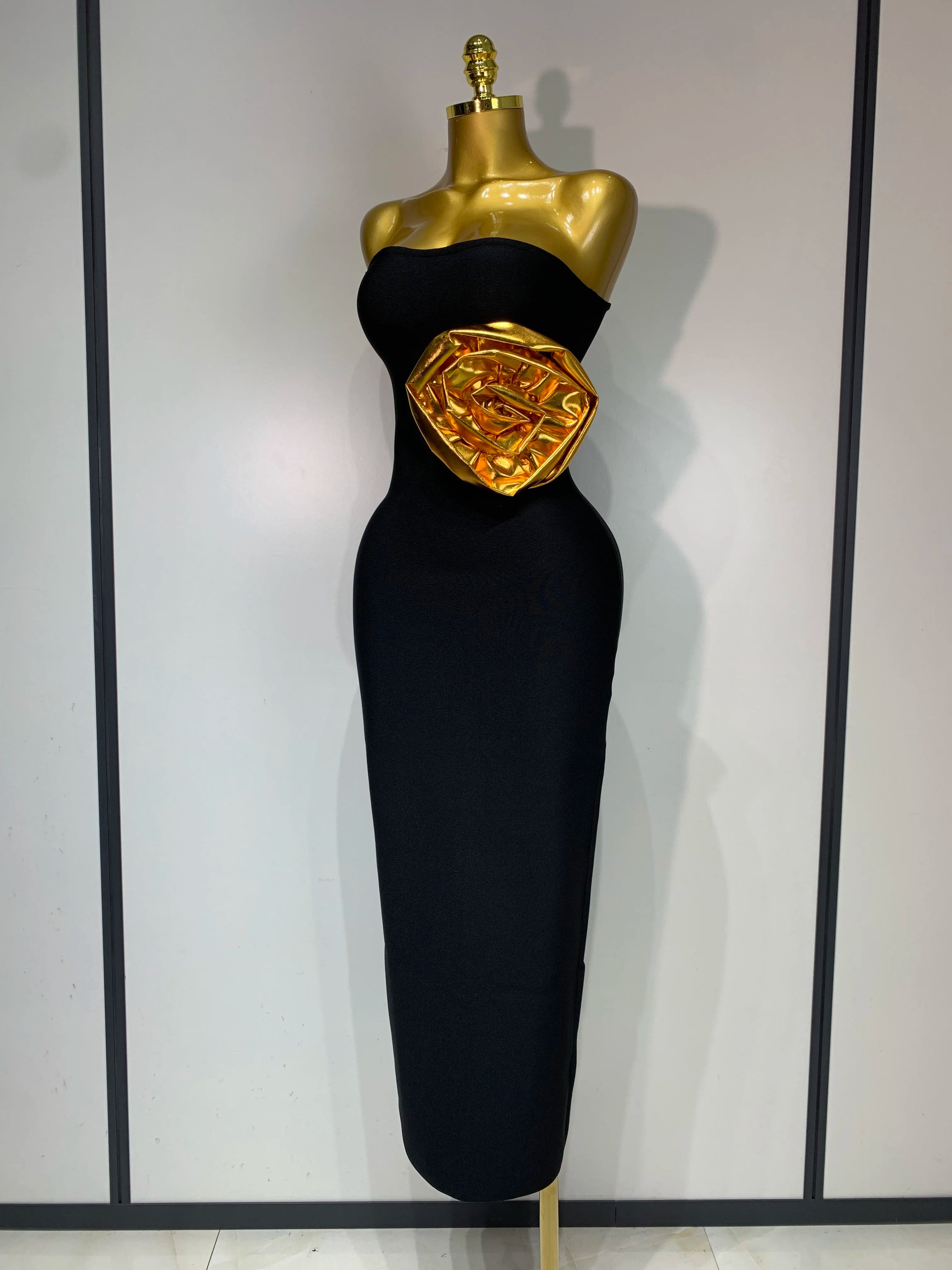 Women Luxury Bandage Bodycon Dress Designer Strapless Gold Appliques Ankle Length Elastic Celebrity Elegant Evening Party Gowns