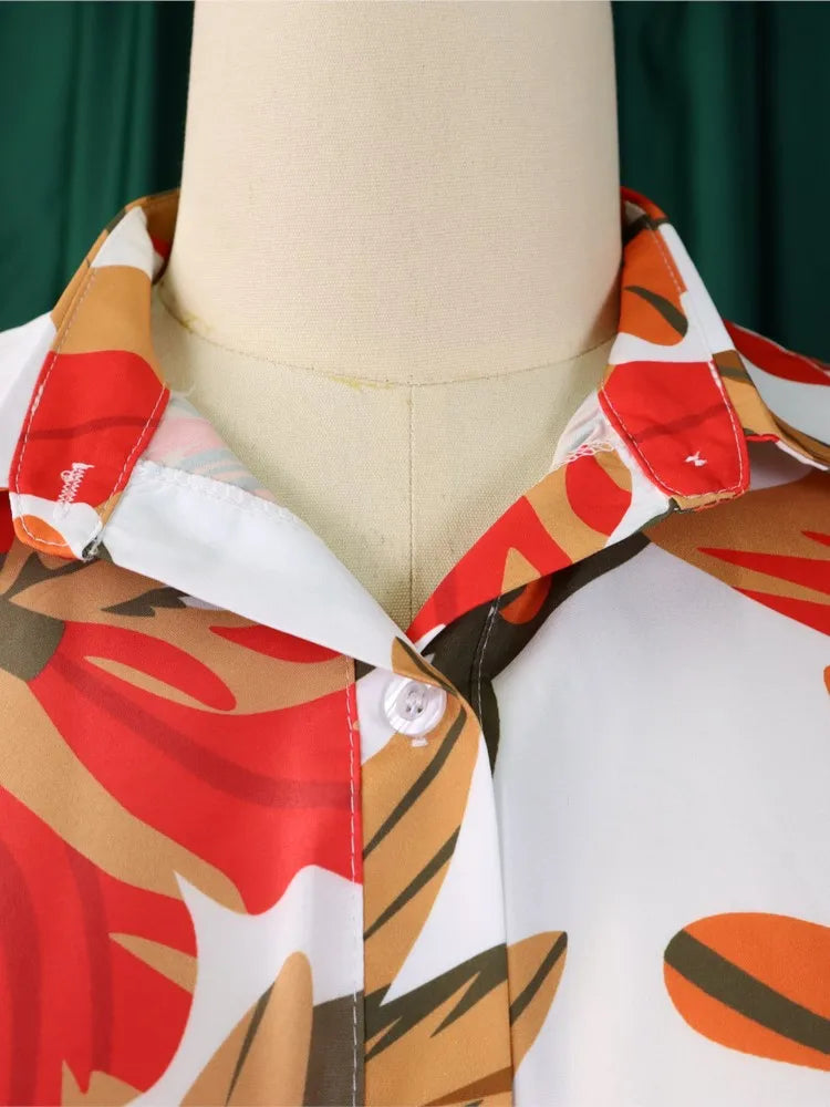 Plus Size Summer Flower Floral 2 Two Piece Set Women Bodycon Fashion Ladies Blouses Casual Loose High Waist Woman Wide Leg Pant