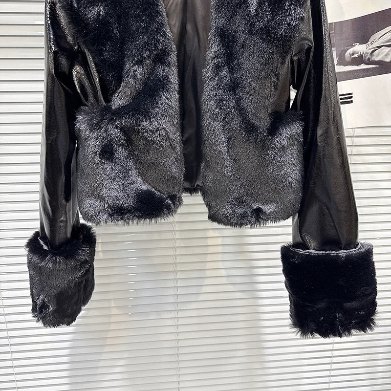 Winter New Fashion Fur Patchwork PU Leather Short Jacket For Women High Street Style Lapel Coat Female Trend 11A07483