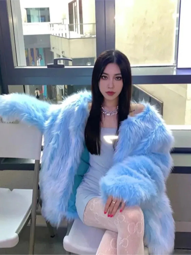 Super Hot Women's winter coats Elegant Blue Faux Fur Coats Female clothing Long Sleeve Thick Warm Outerwears Lady Oversize