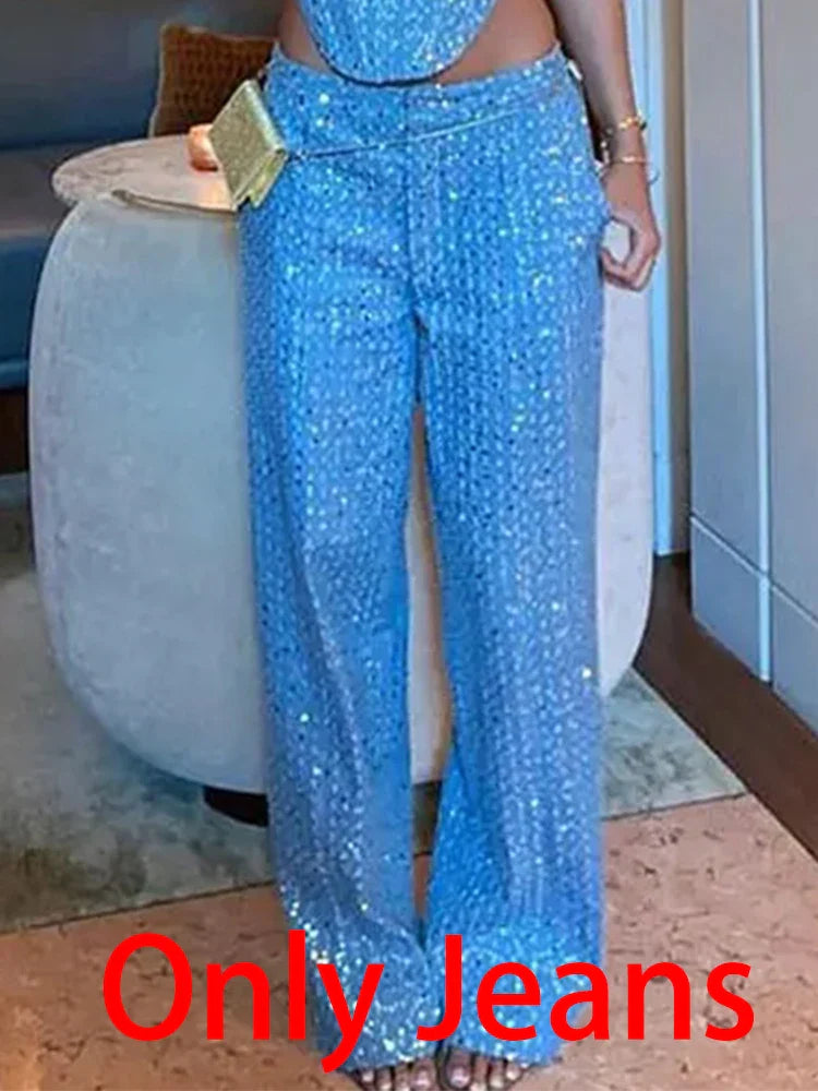BKQU Fashion Sequins 2 Piece Pants Set Women Sexy Strapless Tank Tops and Loose Long Pants Female Luxury Party Club Chic Outfits Blue Only Pants