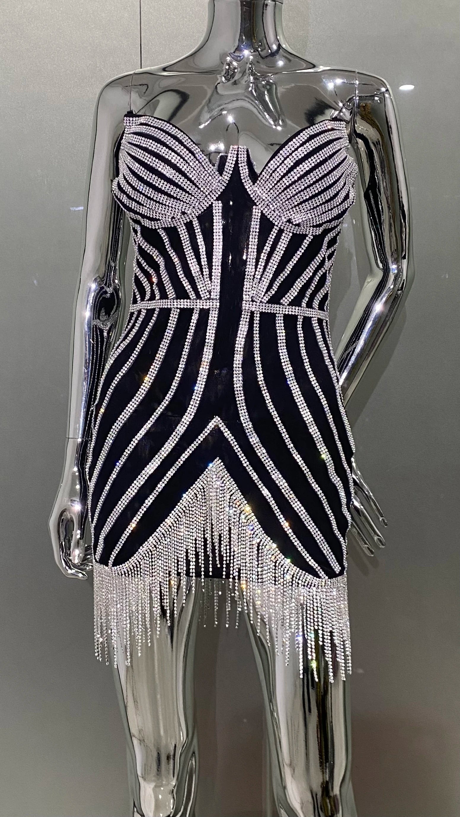 Luxury Shining Diamonds Tassel Strapless Mini Dress Celebrity Birthday Party Evening Dress Stage Performance Costume black