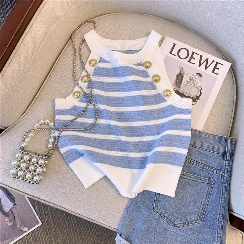Halter Slim Striped Knitted Vests Women Crop Tops Summer Sleeveless Gold Buttons Knitwear Sexy Elegant Streetwear Vests blue One Size