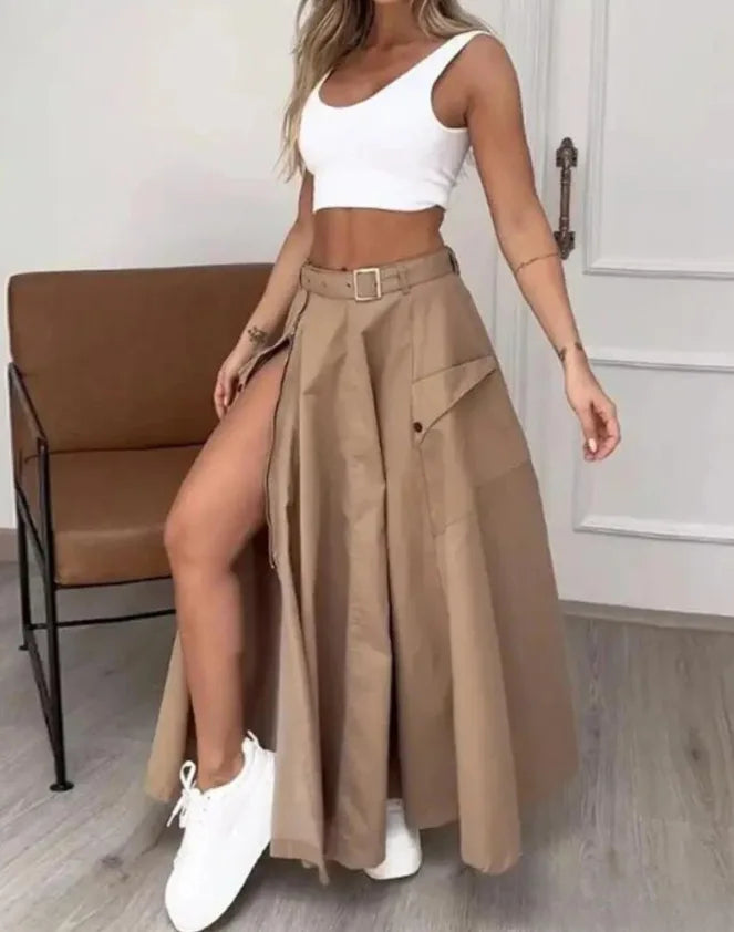 Women Fashion Pocket Front Zipper Slit Slim High Waist Maxi Skirt Streetwear Casual Safari Solid Long Skirts Khaki