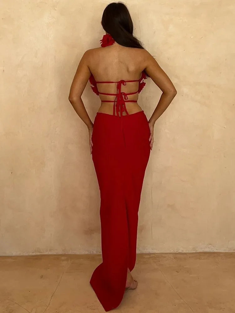 Women Celebrity Sexy Halter Key Hole Backless Red Flower Maxi Long Bandage Bodycon Dress 2025 Elegant Evening Club Party Outfit