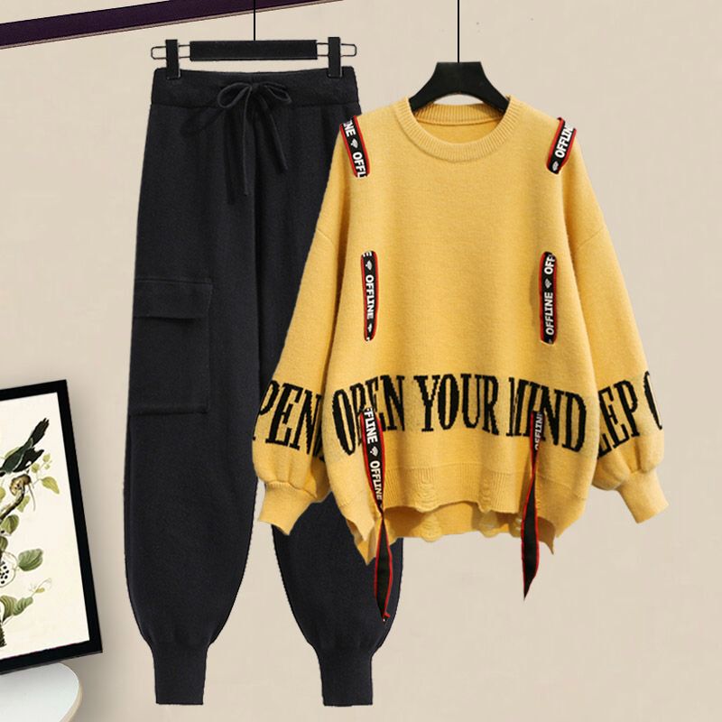Winter New Ribbon Knitting Sweater Pullover Casual Overalls Two-piece Elegant Women's Pants Set Tracksuit Fall Outfits Women 2pcs set 03