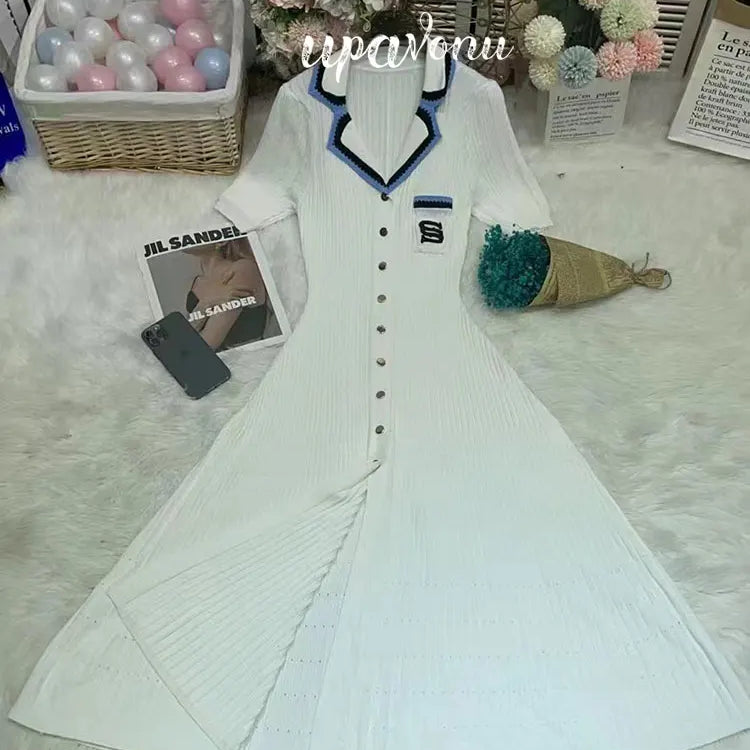 Elegant Women's Slim Fit Knitted Dress Fashionable Polo Neck Short Sleeve Single breasted Design Split Knitted Mid length Dress WHITE