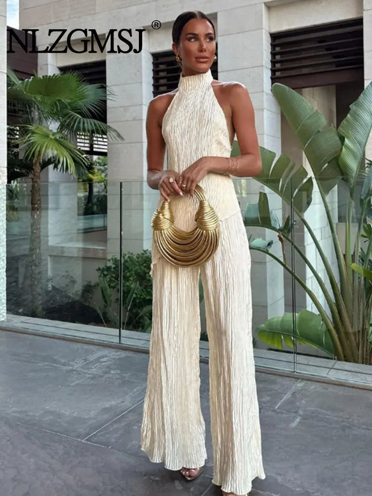 TRAF 2023 Women 2 Pieces Sets Fashion Asymmetric Halter Top Women Suit Casual Ruched Long Pants Set Womens Outfits