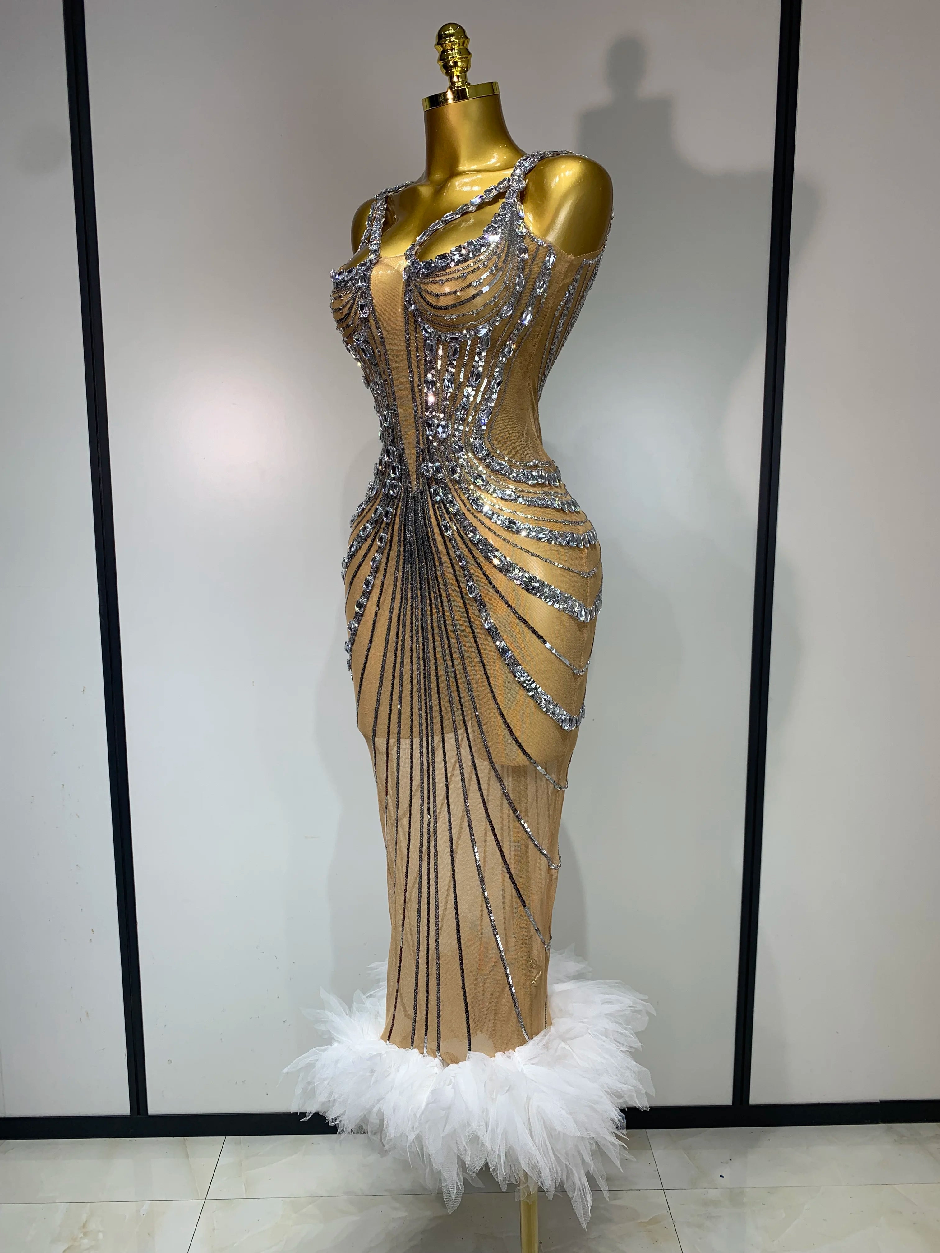 2025 Luxury Sexy Silver Rhinestone White Mesh See Through Long Dress Women Birthday Party Prom Gown Singer Nightclub Outfit