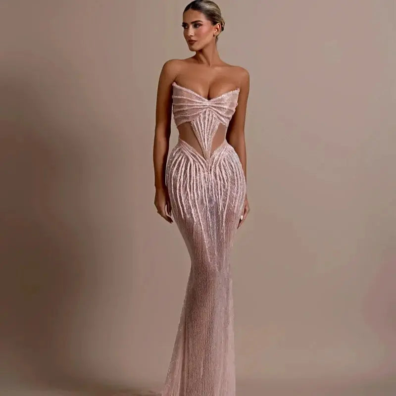 2025 New Shining Sequin Sexy Mesh See Through Strapless Ankle Length Dress Woman Evening Party Dress Celebrity Party Vestido