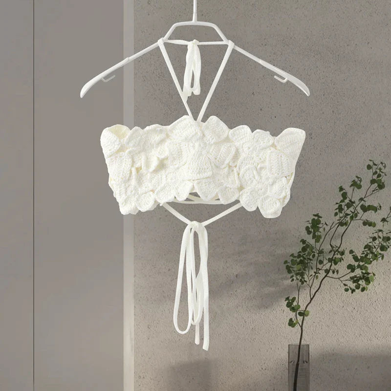 Sexy 3D Floral Knit Crop Top Women Fashion Sleeveless Backless Bandage Halter Tank Female Summer Lady Solid Streetwear white