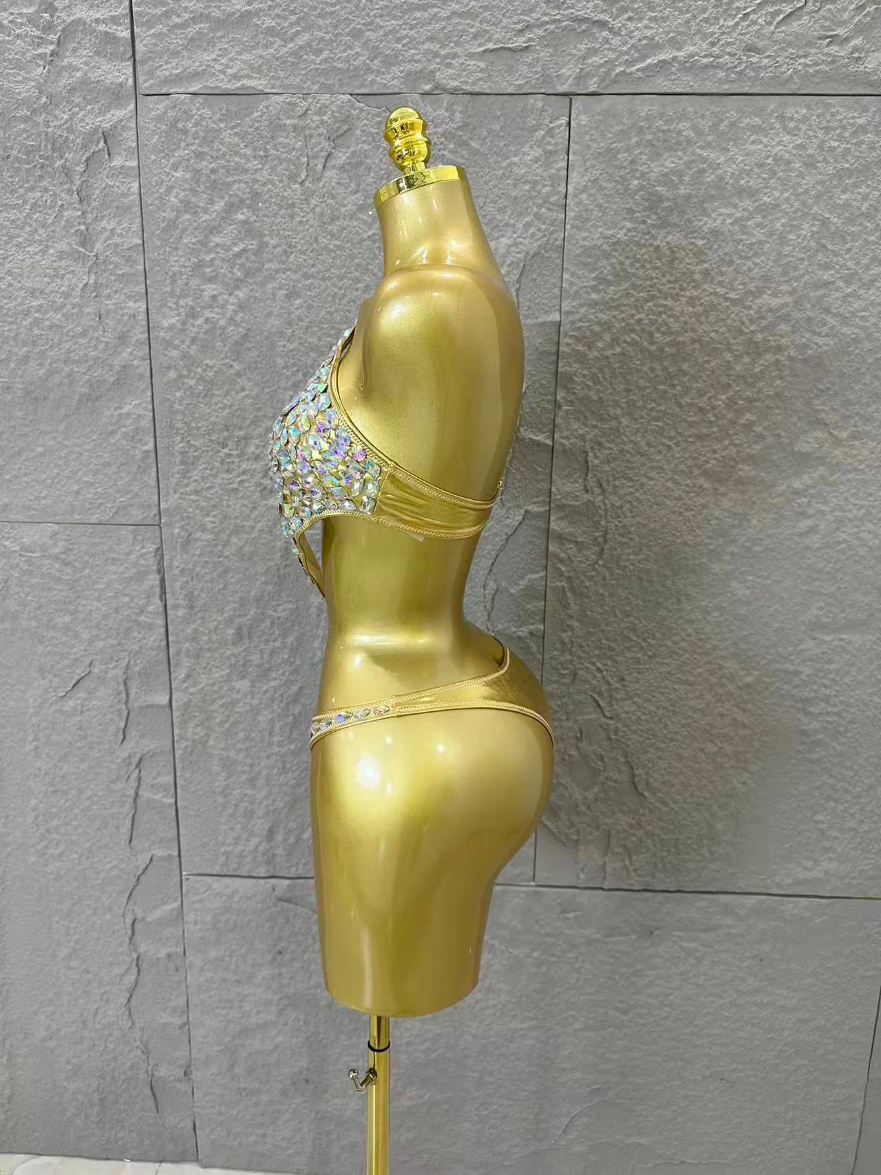 Gold Luxurious Black Bodysuit Women Sexy Halter Neck Iridescent Crystal Embellished Cutout Outfit Stage Performance Costume