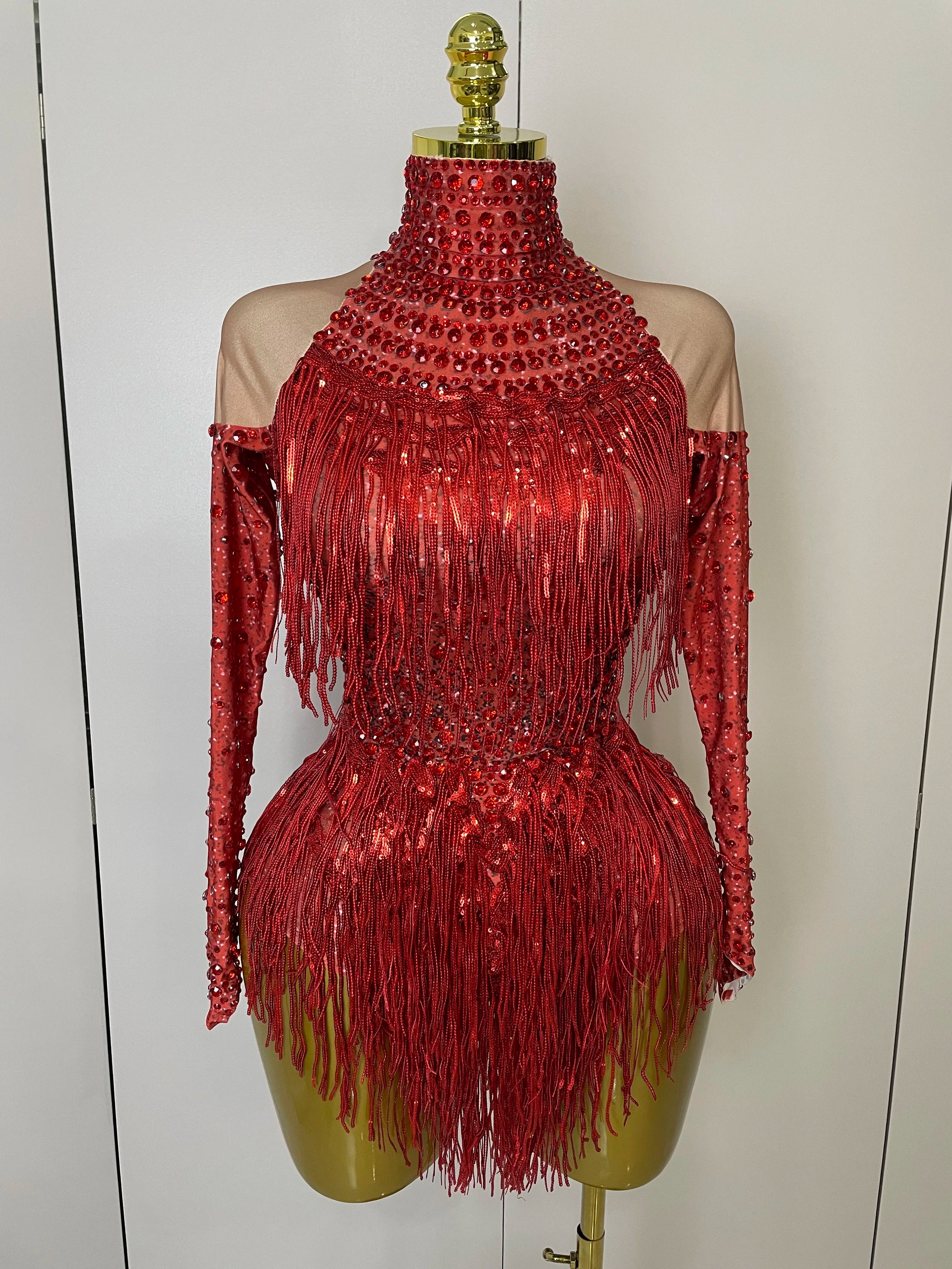 Women Sparkly Rhinestone Sequin Tassel Stretch Bodysuits 2025 Birthday Party Nightclub Dj Stage Performance Costume Hot Red