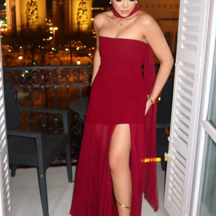 Elegant Off Shoulder Irregular Hem With Scarf Women Fashion Sleeveless Backless Slim Fit Long Dress 2025 New Summer Party Robes