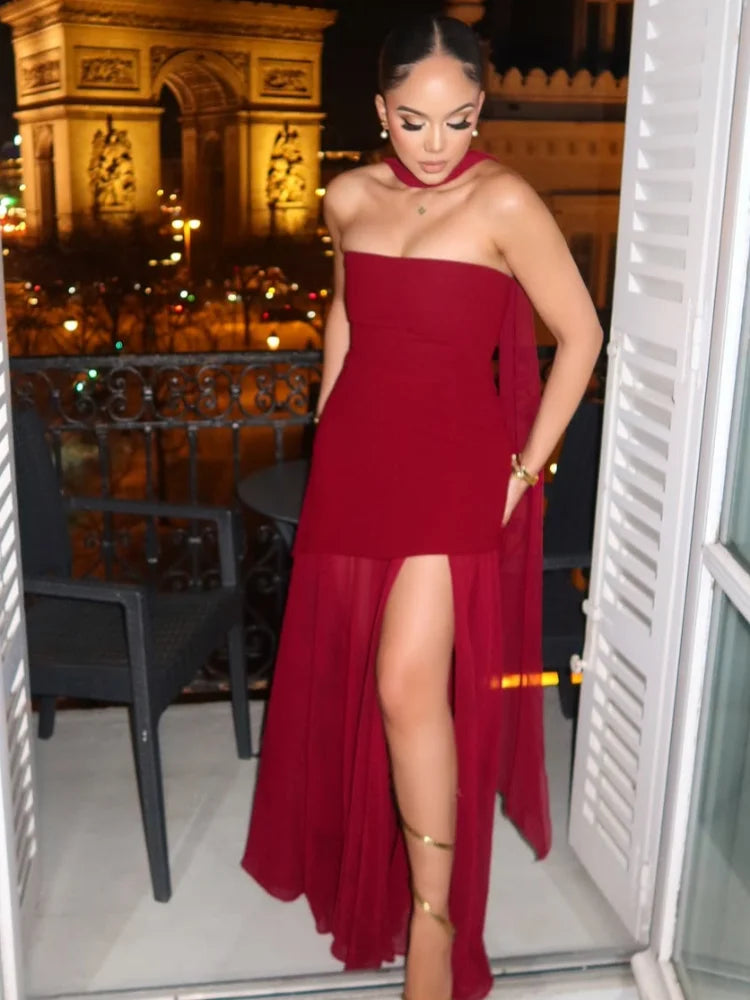 Elegant Off Shoulder Irregular Hem With Scarf Women Fashion Sleeveless Backless Slim Fit Long Dress 2025 New Summer Party Robes