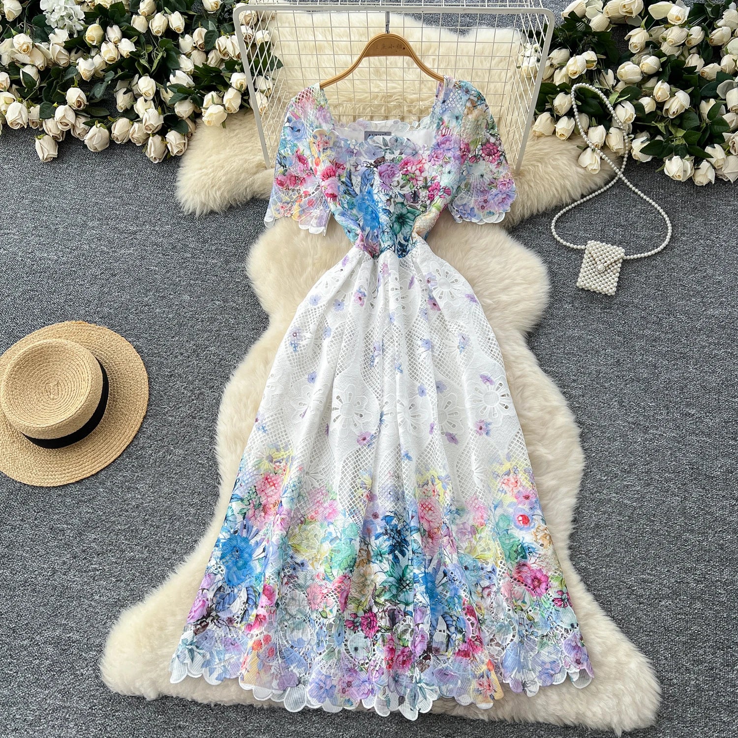Hook flower hollow lace pleated Elegant Bodycon Dress Slim Party Club Vintage Dress Korean Fashion Women Clothes Light Blue