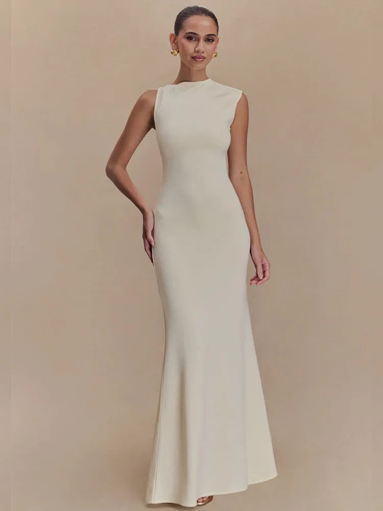 Ladies Women Sexy O Neck Tank Beige Black Maxi Long Celebrity Bodycon Bandage Dress 2025 Elegant Evening Club Party Dress Beige