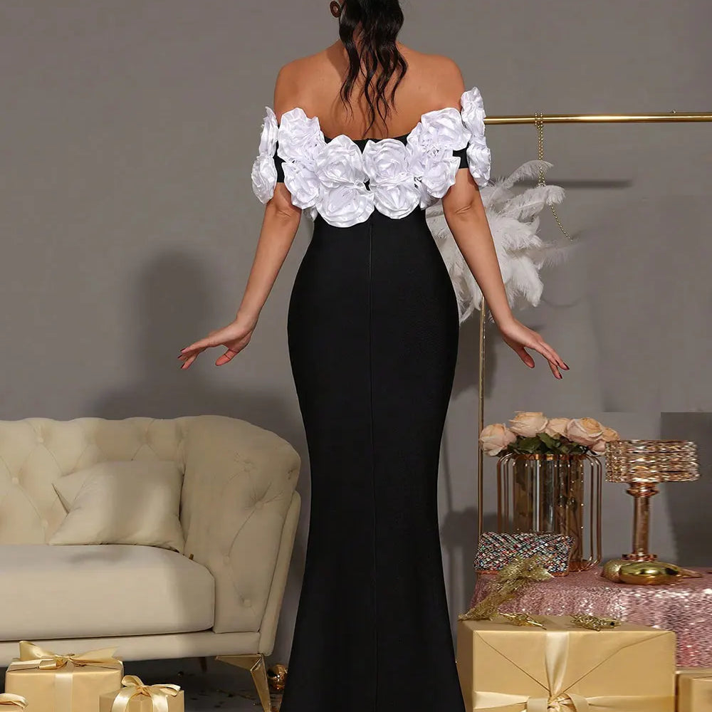 2025 Elegant Women Light Luxury Flower Design Bandage Dress with One Collar Shoulders Bodycon Banquet President's Dress Vestidos