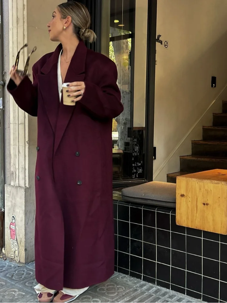 Fashion Burgundy Red Double Breasted Oversized Overcoat Women Casual Lapel Pockets Long Sleeve Coats Female High Streetwear