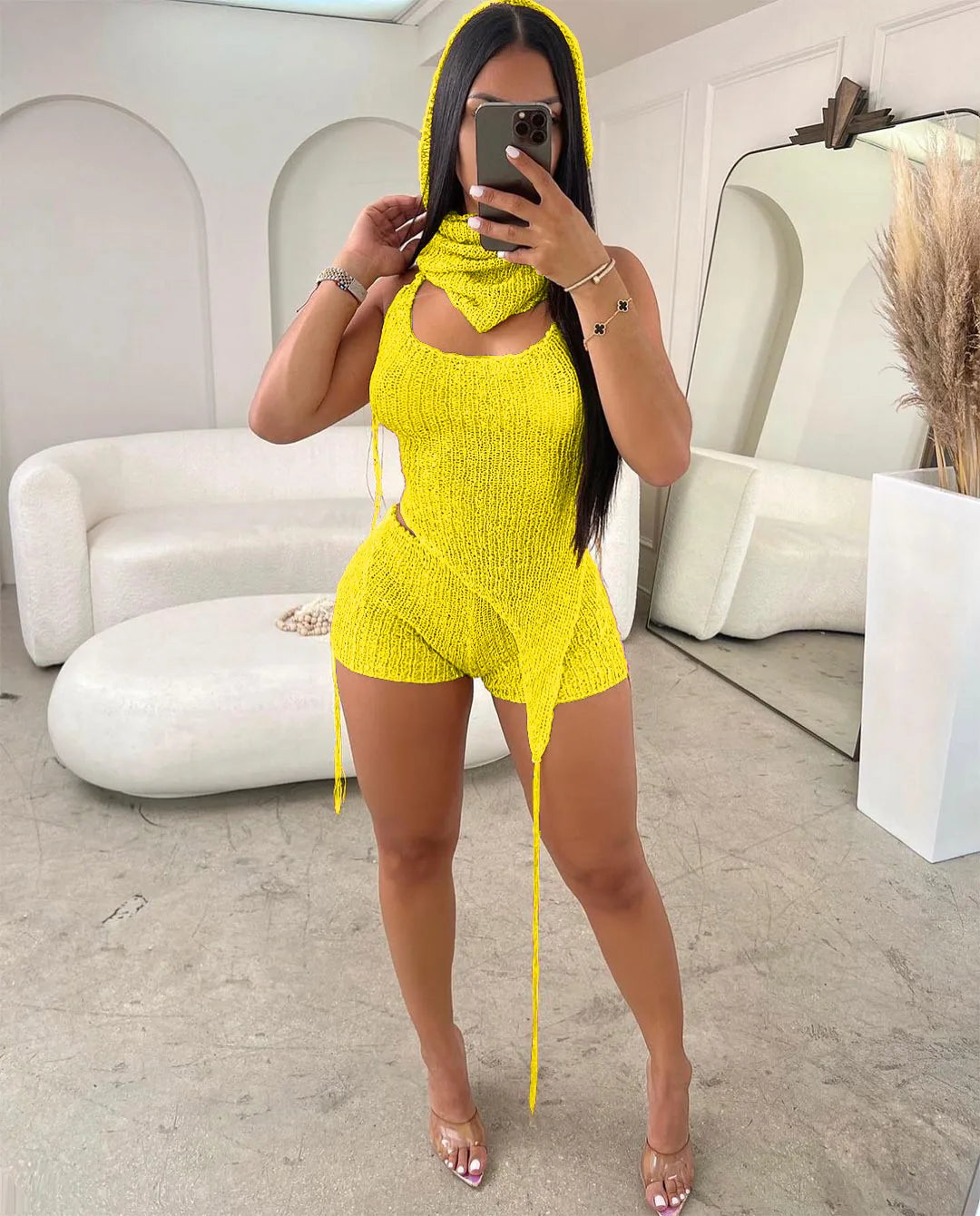 Knit Ribbed Women's Set Halter Neck Backless Crop Top with Hat Shorts Suit 2023 Summer Two 2 Piece Set Outfit Tracksuit Yellow