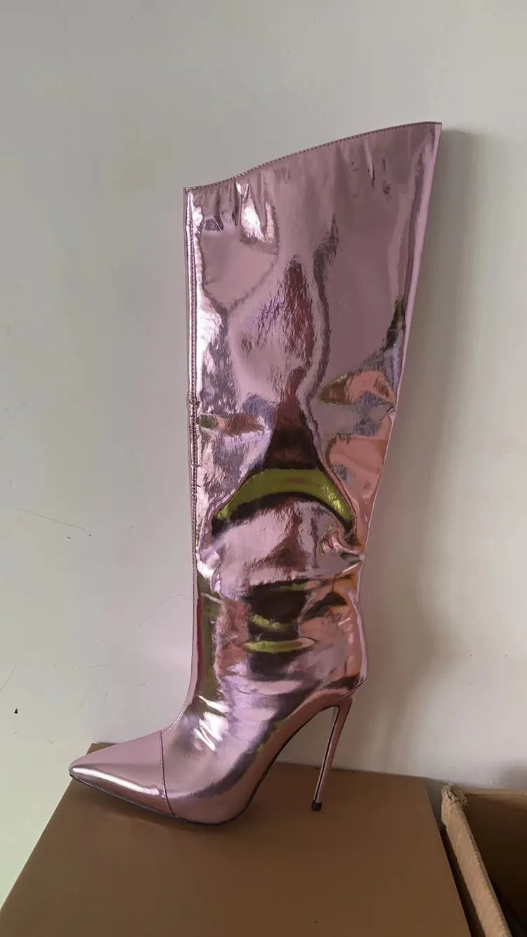 Thigh High Boots Candy Color Mirror Leather Women Knee High Boots High Heels Stilettos Runway Shoes for Women High Heel Boots 05light pink12cm