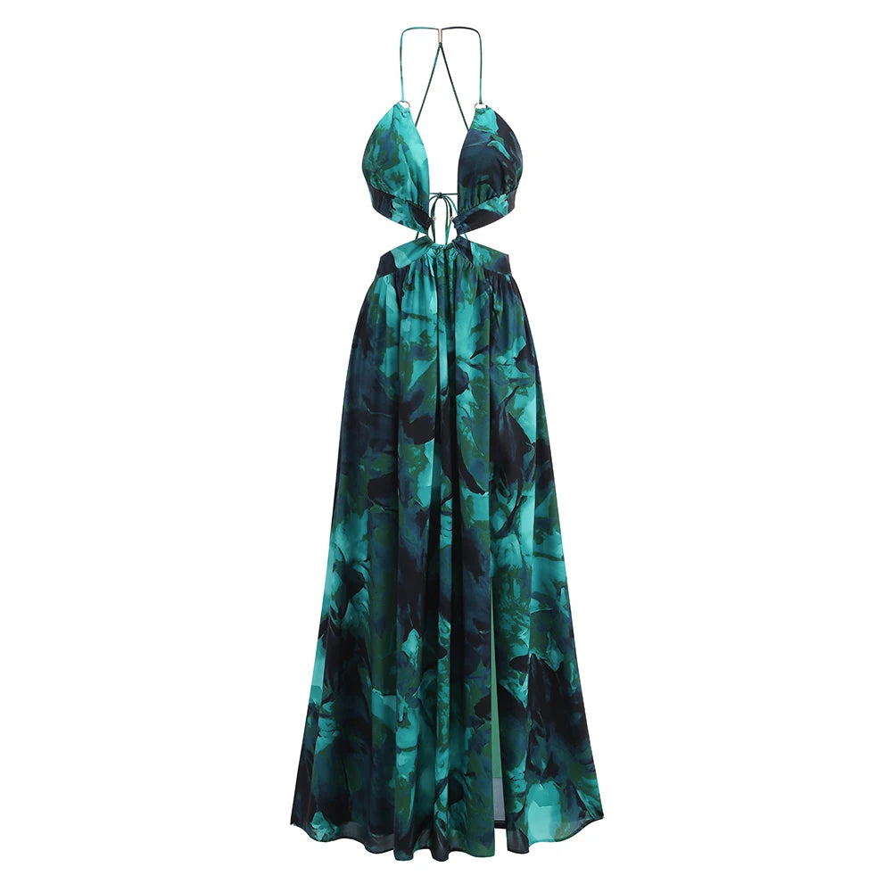 Sexy Sleeveless Deep V-Neck Printed Floral Backless Lace Up High Slit Elegant Party Cocktail Evening Gowns Vestido green