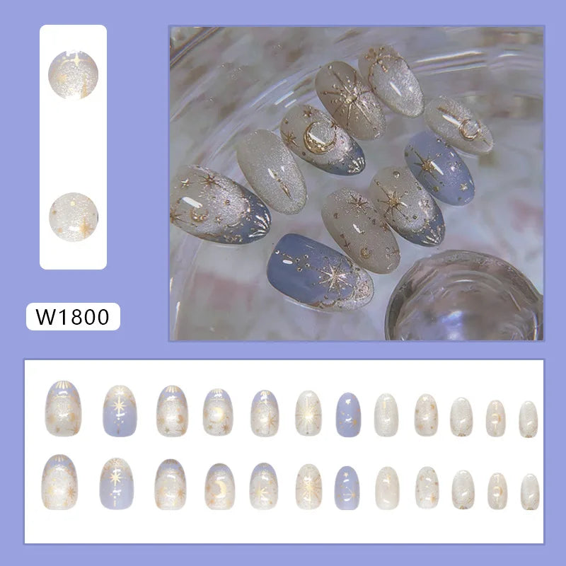 24pcs Shiny Green Cat Eye False Nails Cute Seal Print Fake Nails Tips Wearable Reusable Glossy Short Round Press on Nails 1
