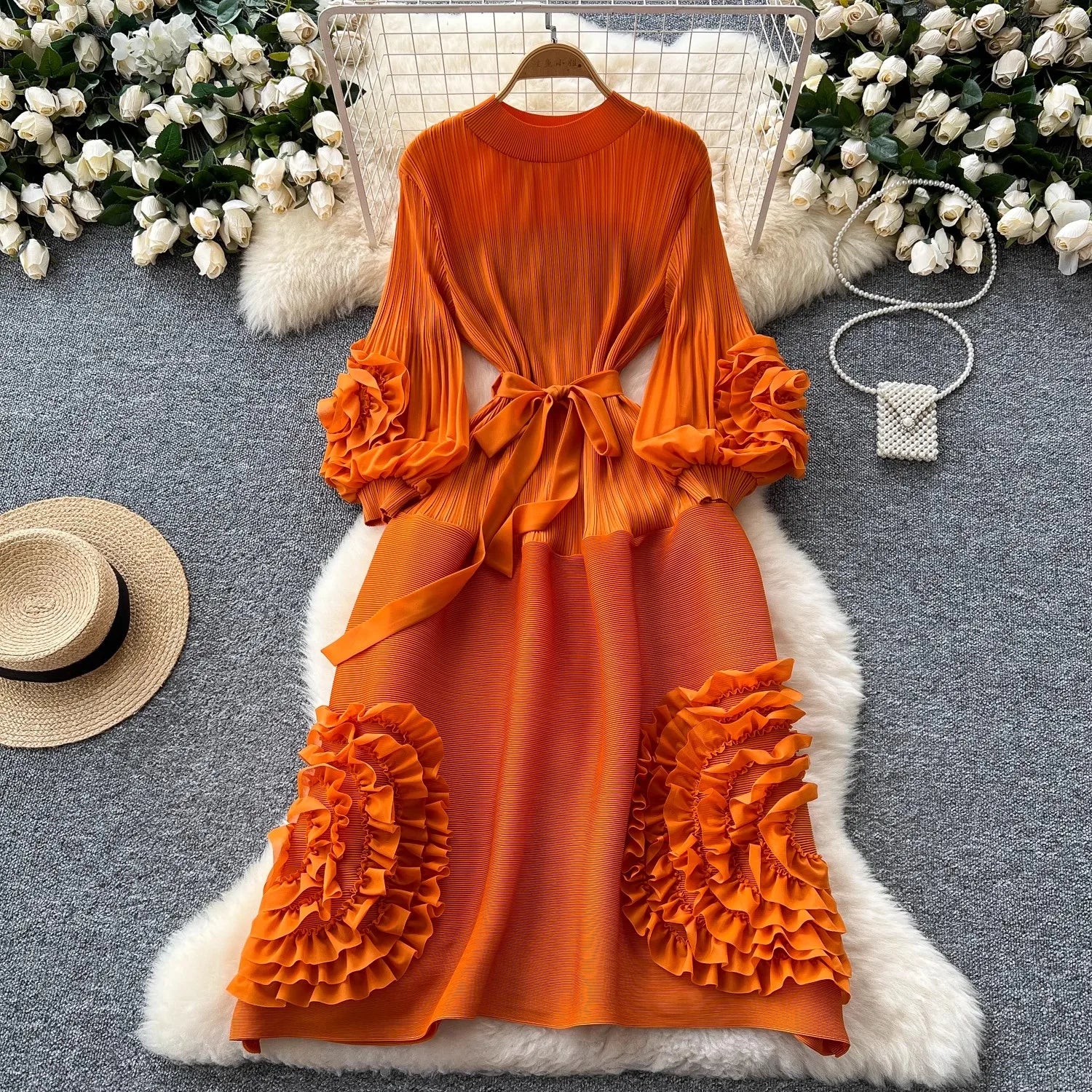 New Miyake High End Tied Up Oversize Pleated Long Robes Turtleneck Bubble Petal Sleeves High Waist Formal Dresses Women Clothing as picture 2 One Size