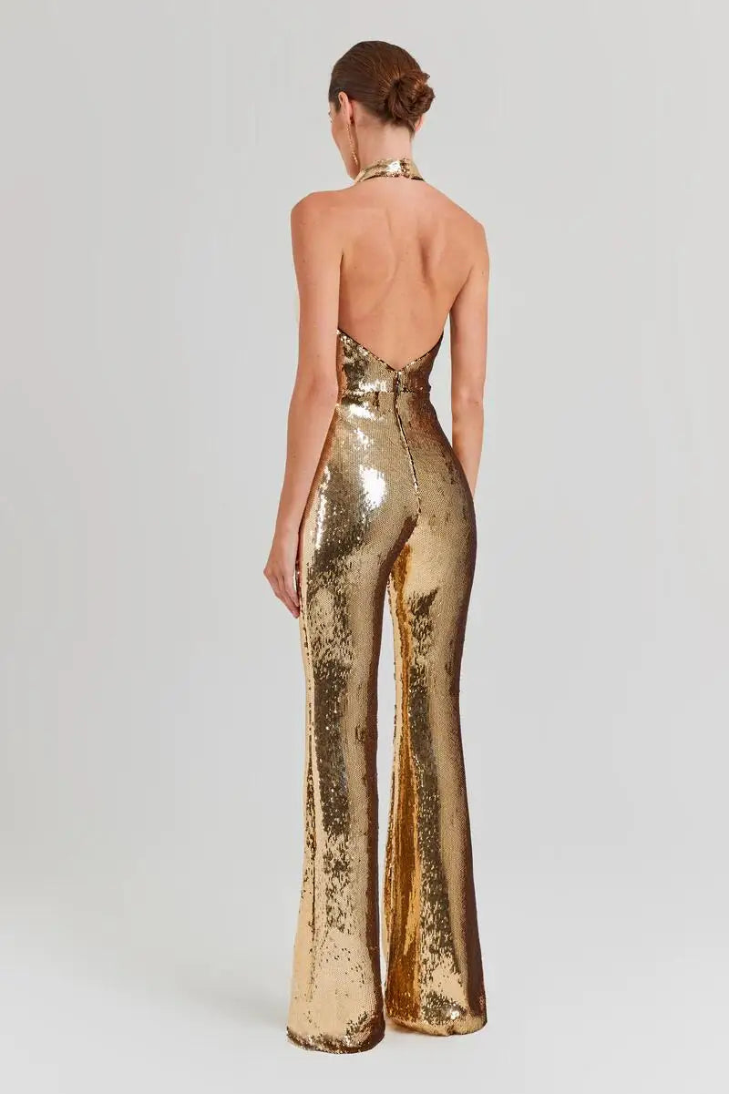 Golden Sequins Stylish Flare Pants Halter Blackless Jumpsuit Woman Fashion Party Outfit Stage Performance Costume