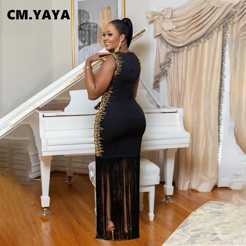 Fall Diamonds Hot Rhinestones Tassel O-neck Women Sleeveless Bodycon Long Dress Birthday Party Evening Prom Maxi Dresses