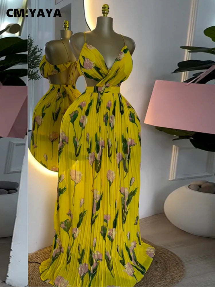 CM.YAYA Elegant Floral Print Sleeveless Sweet Strapless Floor-Length Long Women Dress Beach Party Birthday Sexy Pleated Dresses Yellow
